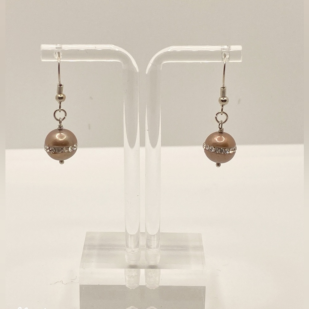 Silver Dangling 9mm Bronze Pearl Drop Earrings Sparkling Rhinestones 1.5” Long